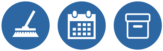 box, calendar, and broom icons