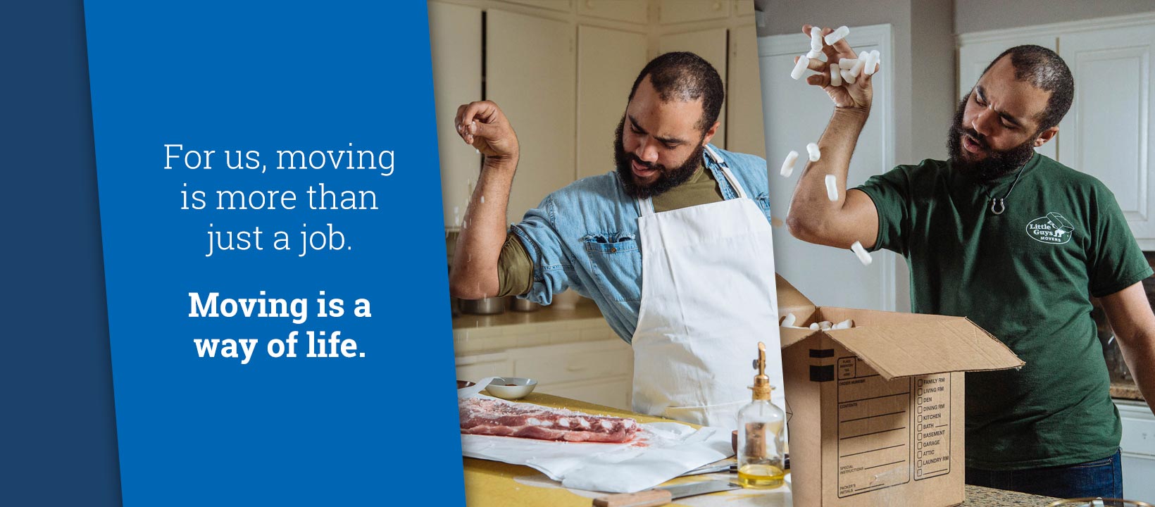 A split picture: on the left, a Little Guy sprinkling salt on a rack of ribs; on the right, the same Little Guy sprinkling packing peanuts into a moving box. 