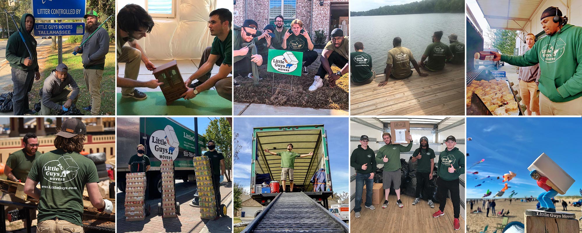 Collage of snapshots of Little Guys movers on the job and out in the community